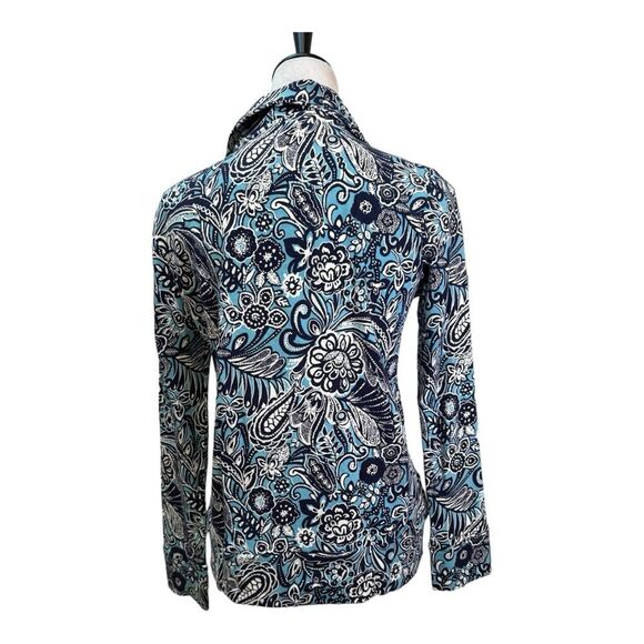 Floral Print Zip Up Jacket Blue Navy White Flowers Paisley Casual - Picture 3 of 7
